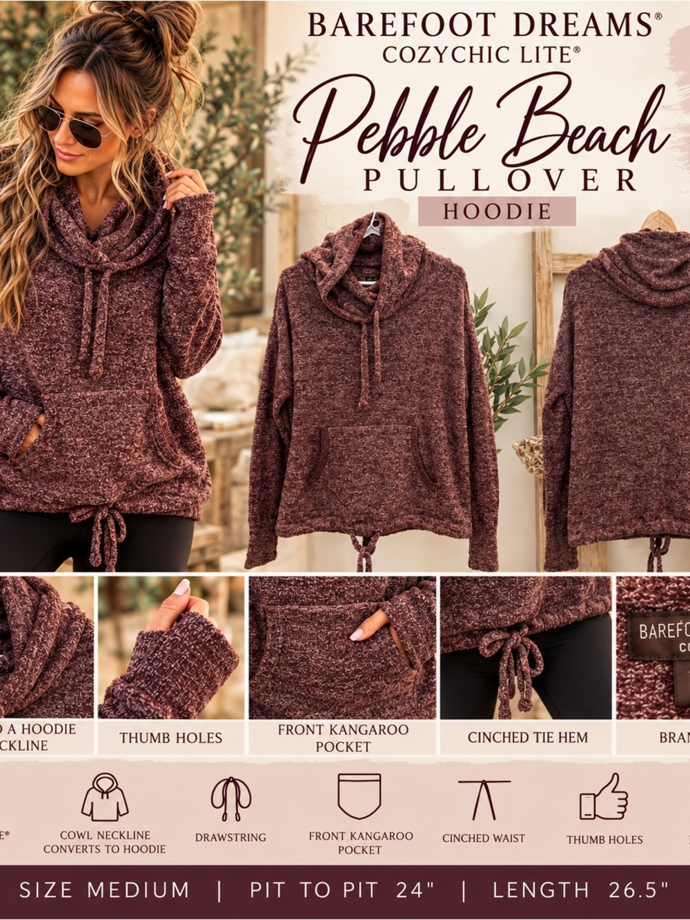 Barefoot Dreams Pebble Beach Pullover Cowl Hoodie, Medium